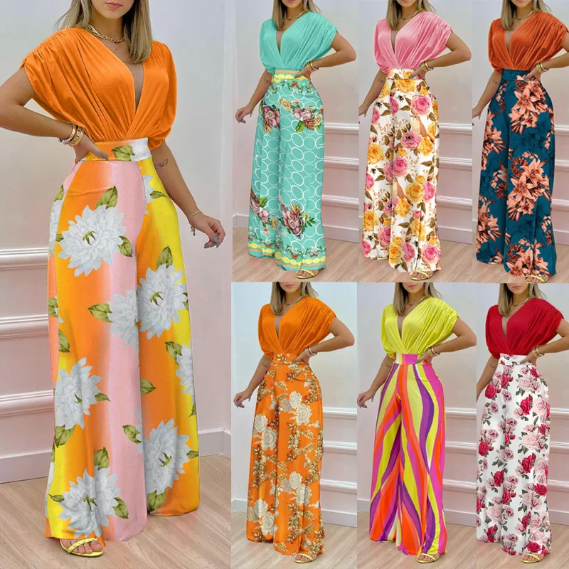 2022 Spring/Summer New Casual Women's Two-piece Set, Fashion Printed Doll Sleeve Top Wide Leg Pants Set