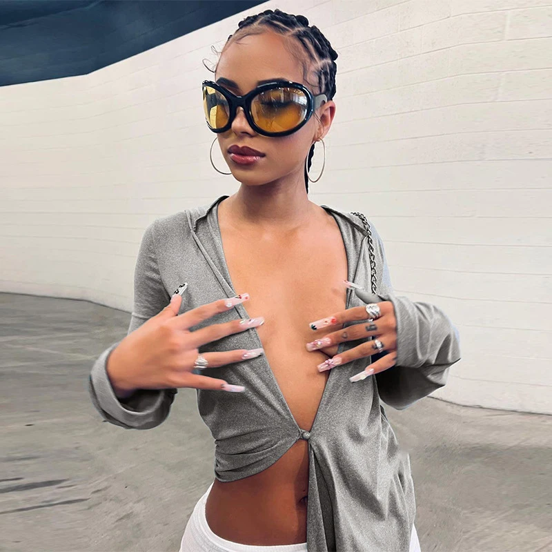 

Alinemyer Deep V Neck Long Sleeve Hooded Women Casual 2022 Summer Y2K Streetwear Crop Tops Pullover Fashion T Shirts