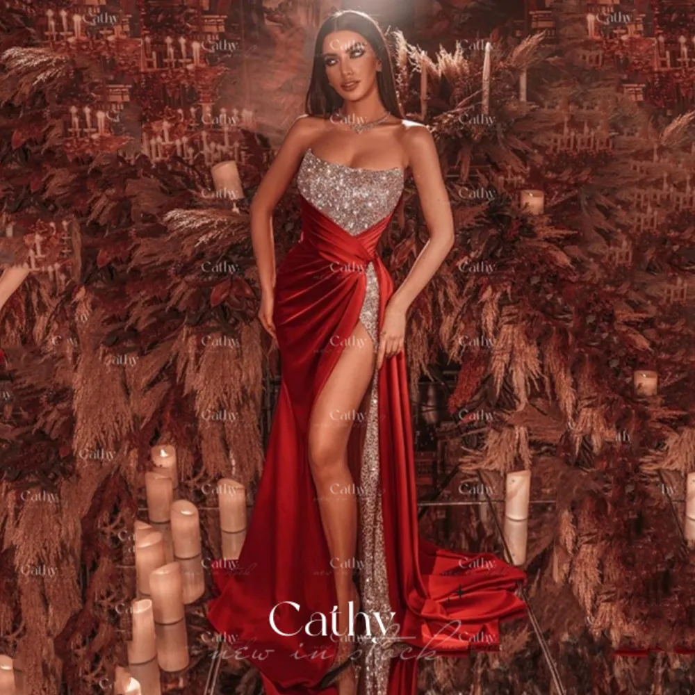 

Cathy Sexy Strapless Mermaid Evening Dresses Glitter Vestidos De Fiesta Sequins Satin Sweep Train Fishtail Vestidos De Noche