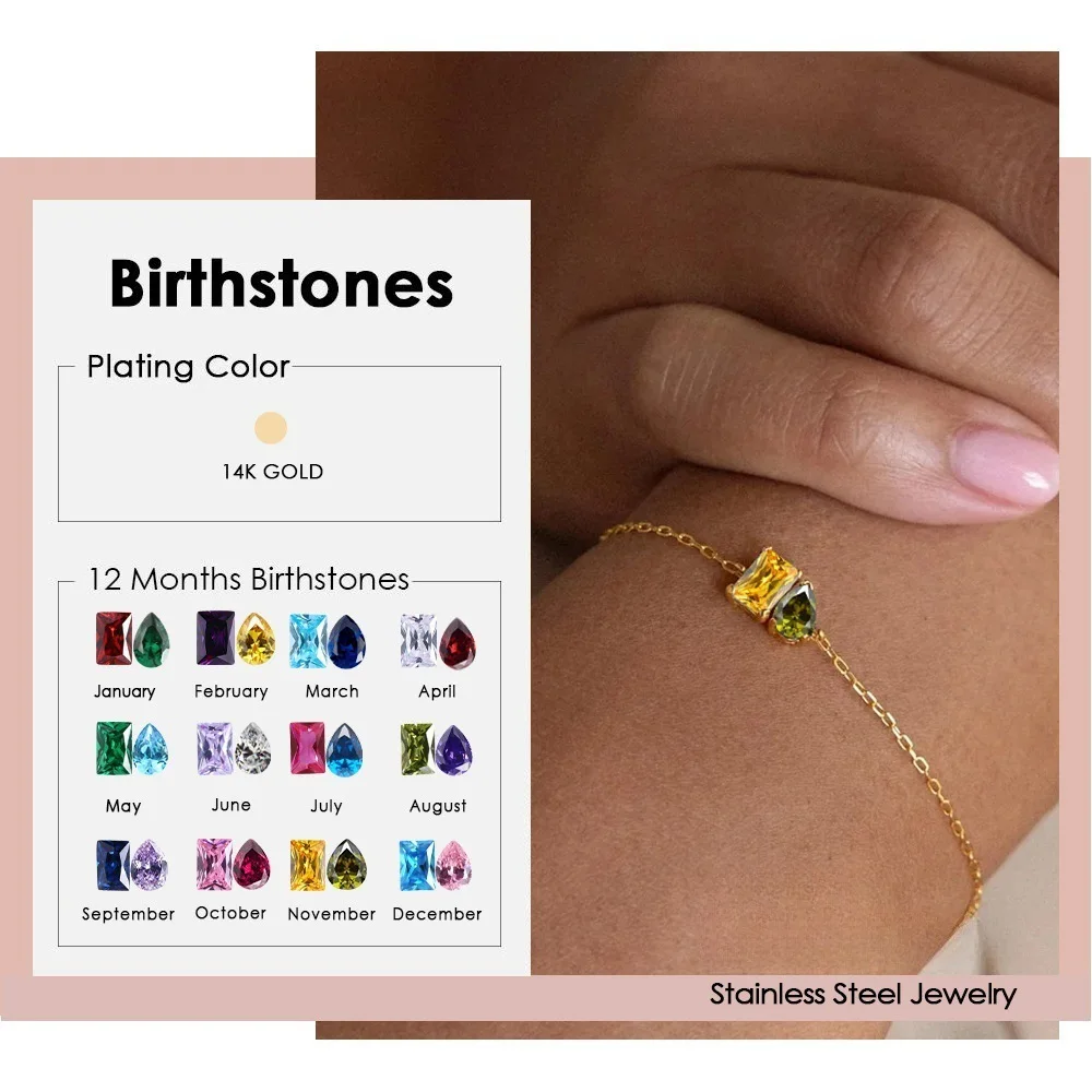 Фото Браслет St-Delan 12 Birthstone — формы капли и квадрата, из нержавеющей стали с 14-каратным золотым покрытием и цирконием №2
