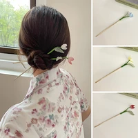 tulip flower hairpin hair sticks vintage chinese style hairpins women metal glaze hair fork clip romantic bridal wedding jewelry