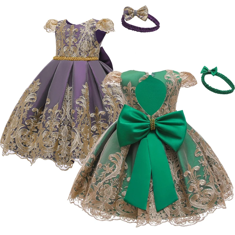 

Новинка 2022, роскошное бальное платье для маленьких девочек, летнее кружевное Сетчатое платье, модные детские праздничные платья с большим бантом и повязкой на голову, комплект одежды из 2 предметов