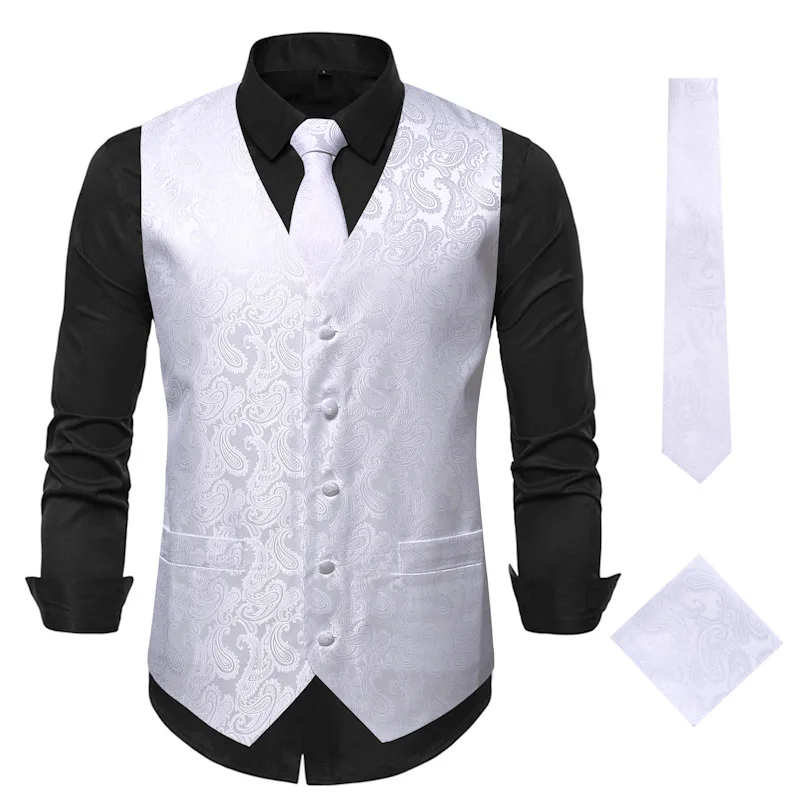 

Mens Vest Tie Set Classic Dress 3pc White Jacquard Paisley Vest & Necktie Pocket Square Formal Waistcoat for Suit or Tuxedo XXXL