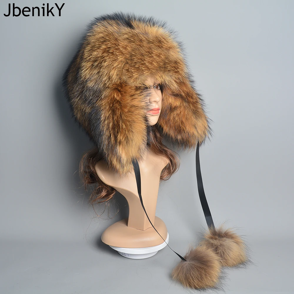 2023 Winter Unisex 100% Real Fox Fur Bomber Hat Raccoon Fur Ushanka Cap Trapper Russian Ski Hats Caps Real Leather Thick Warm
