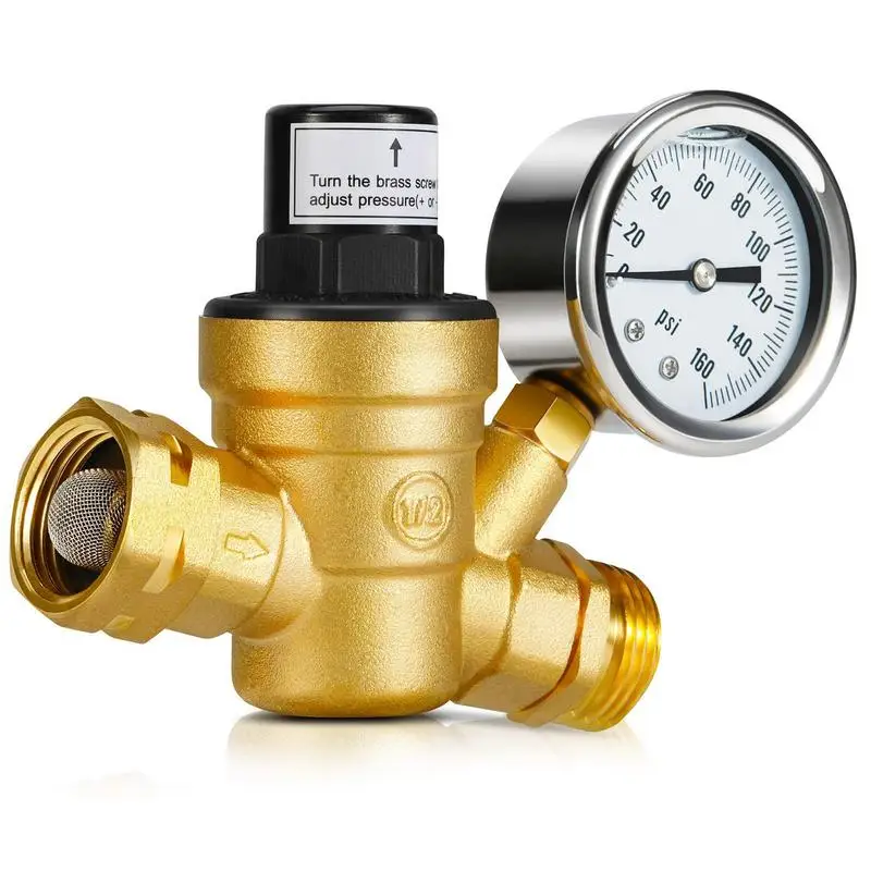 

Brass Water Pressure Regulator Adjustable Water High Pressure Regulator With Gauge RV Must Haves Water Pressure Reducer For RV