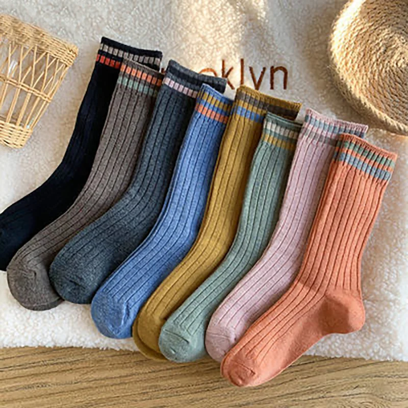 5pair/Lot Spring Autumn Women Long Socks School Solid Knitting Striped Cotton Breathable Calcetines Mujer Chaussette Loose Sock
