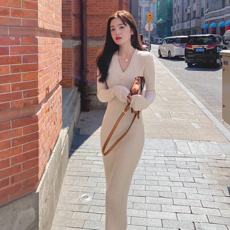

CGC Single-Breasted Sexy V Neck Dresses Women 2022 Autumn Knitting Korean Style Dress Long Sleeve Slim Female Evening Dress