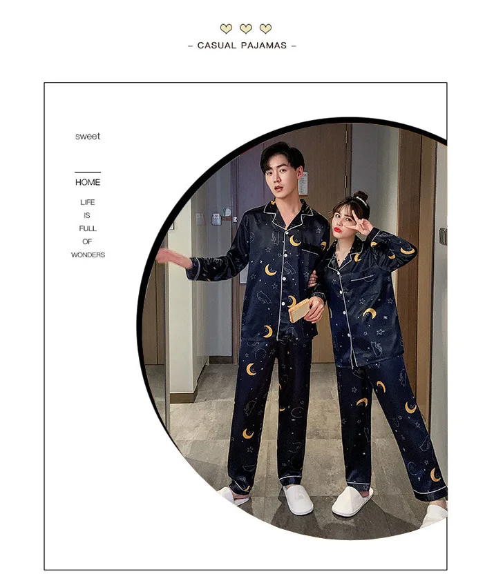 The Autumn Couple Silk Pajamas Sets Cartoon Star Printing Sleepwear for Women Men Nightwear Spring Casual Homewear Sleep Lounge