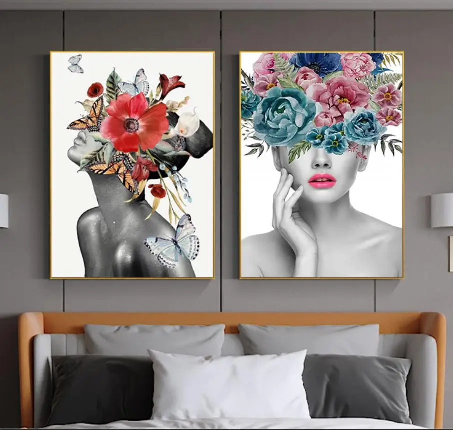 

Peony girl wall art canvas painting Nordic poster printing living room home decoration frameless wall picture