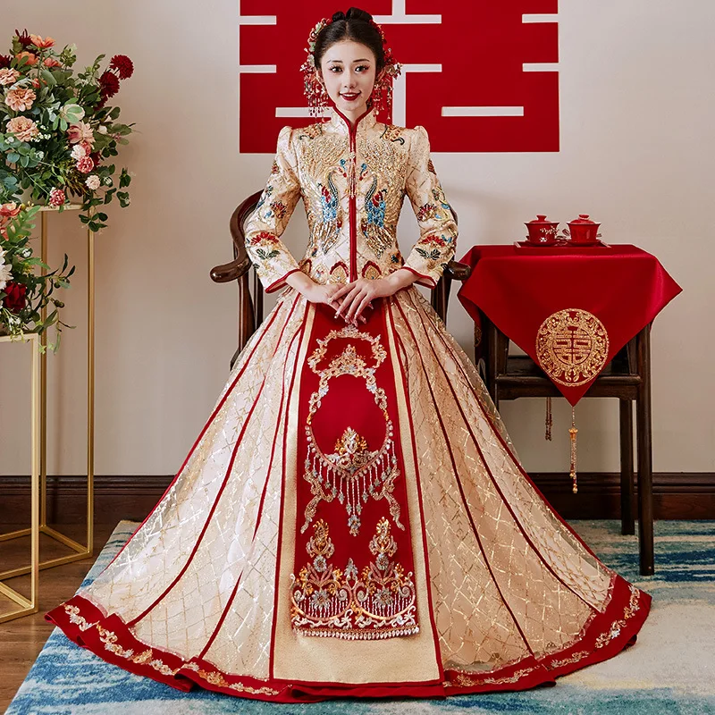 2022 New High End Luxury XiuHe Wedding Suit Chinese Style Dragon Phoenix Banquet Gown Vintage Embroidered Cheongsam HanFu Dress