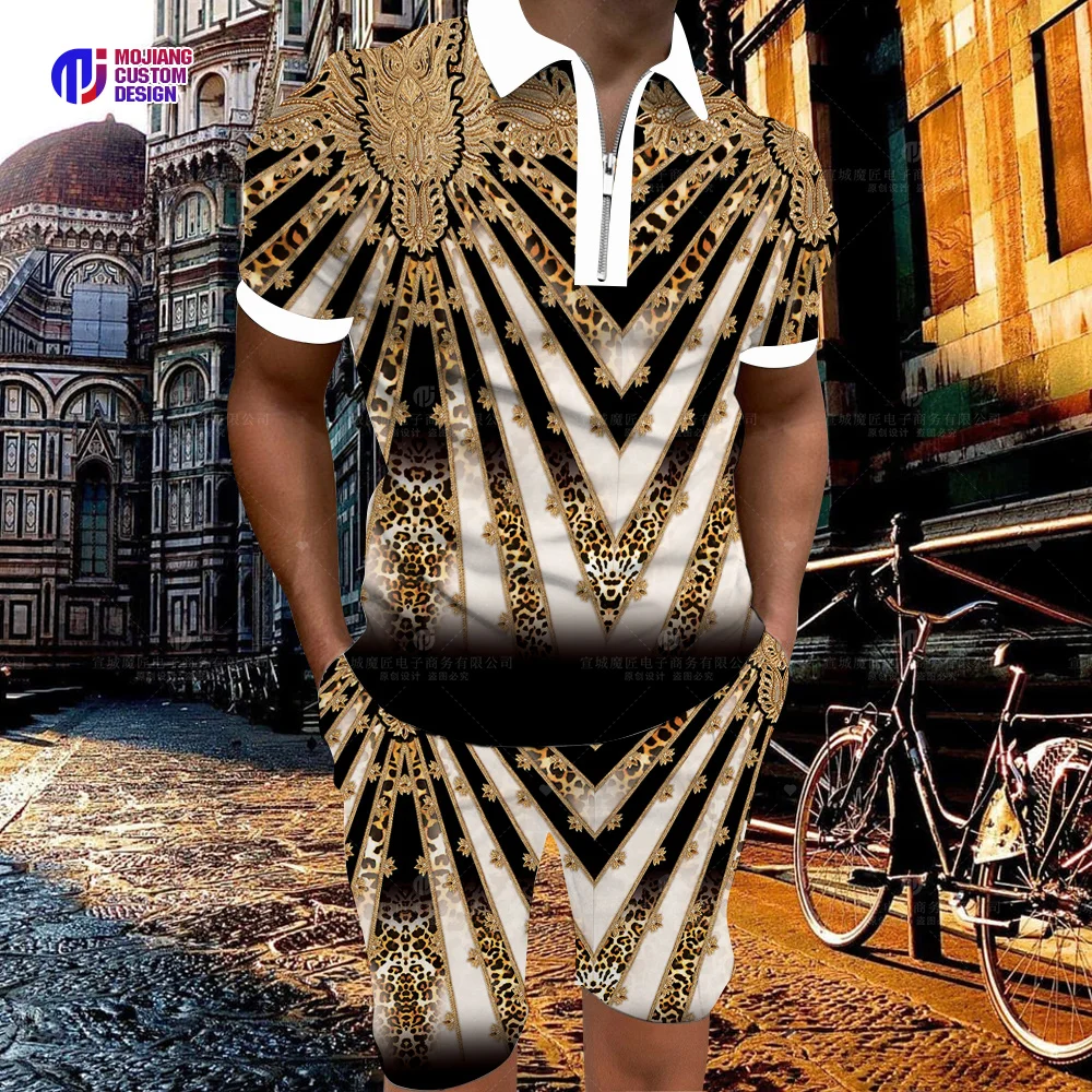 2023 Luxury Men's Polo Shirt Casual Brand Big Gold Chain Set 3d Color Printing Short Sleeve New T-Shirt Men's Lapel Zipper Short