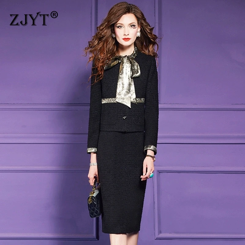 ZJYT Осень-зима Твидовая шерстяная куртка с бантом и юбка-карандаш Одинаковые