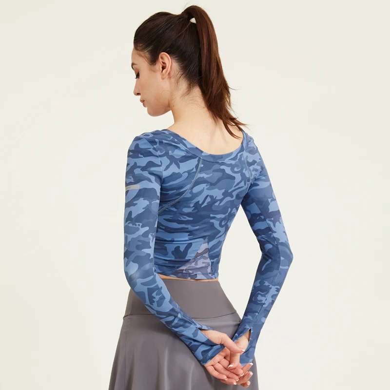 Women Camouflage Yoga Shirt Mesh Breathable Back Tops Running Long Sleeve Blouse Workout Gym Tie Dye T-Shirt With Thumb Holes