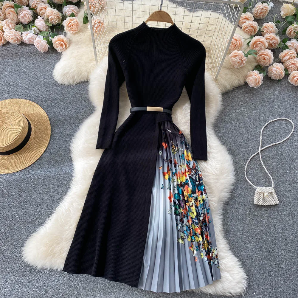 

Women Elegant French Dress Black Patchwork Splice Gradient Pleated A-line Knitted Dresses Autumn Fashion Streetwear Midi Dress