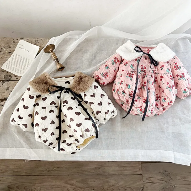 Зимний комбинезон для новорожденных девочек одежда с цветочным рисунком