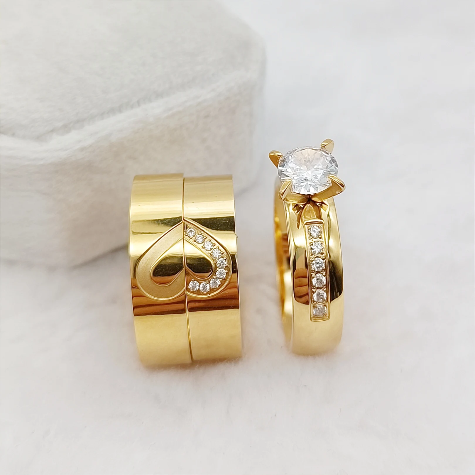 

Designer Hearts Shape cz Diamond Wedding Engagement Rings Sets For Couples Alliances 24k Gold Plated Jewery Ring