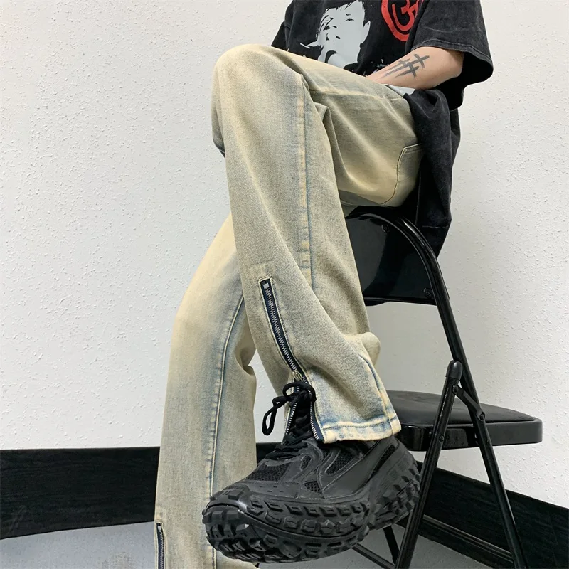 

Джинсы в американском стиле Vibe, мужские зауженные прямые джинсовые брюки на молнии с разрезом и широкими штанинами, мужские винтажные уличные брюки Y2k