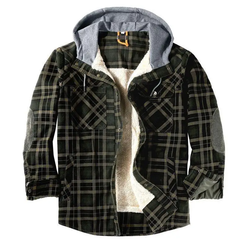 Mens Fashion European Size Plaid Plus Velvet Large Size Thermal Shirt Jacket Winter Stitching Contrast Color Hooded Cotton Coat