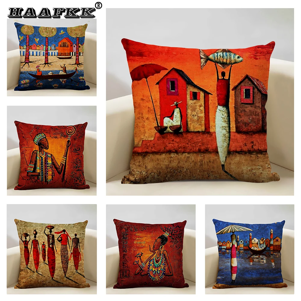 

Portrait Oil Painting Cushion Cover African National Style Living Room Sofa Art Decoration Pillow Bedding 45x45cm Cover Pillows