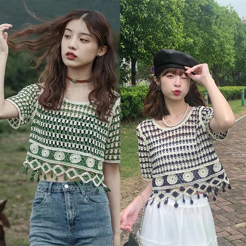 

Retro Tassel Stripe Pullovers Hollow Crew Neck Knit Tops Loose Top for Women
