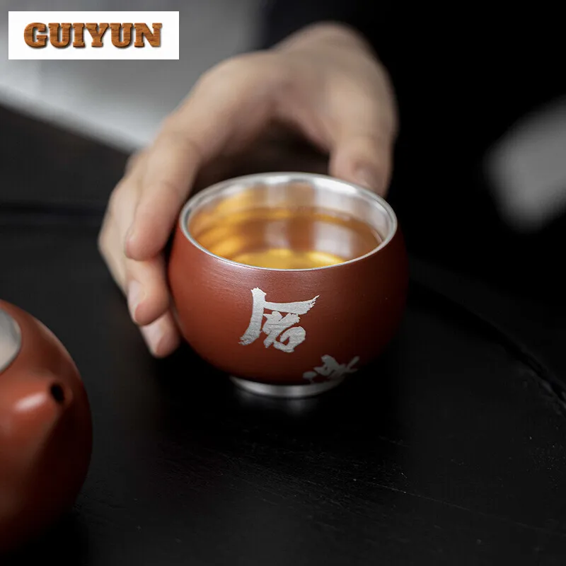 60 мл Handamde 999 чистого серебра позолоченная керамическая чашка фиолетовая глина