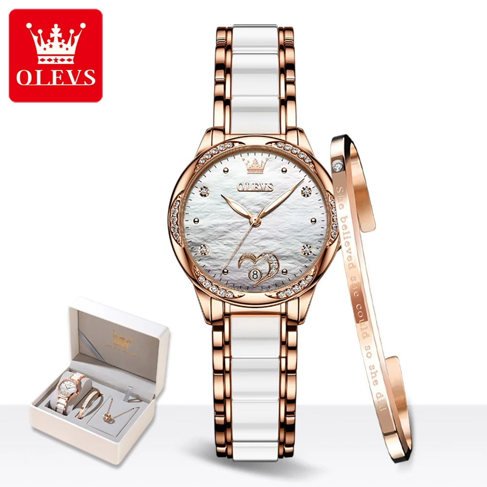 OLEVS Luxury Brand Women Mechanical Watch Ceramics White Watch Strap Automatic Mechanical Wristwatch for Women Gift Set enlarge