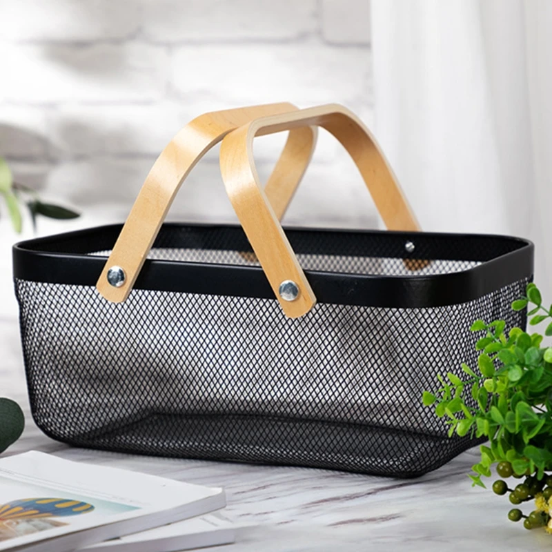 

Nordic Metal Mesh Fruit Basket Bin with Double Wooden Handle Kitchen Wrought Iron Rectangle Storage Basket Food Container