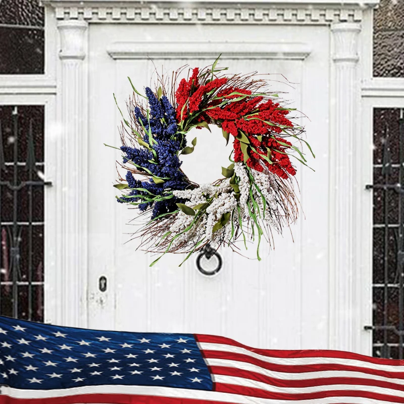 

1PC New Independence Day Garland Red White Blue Rice Spike Wreath Door Hanging Decor Holiday Festival Door Hanging Garland