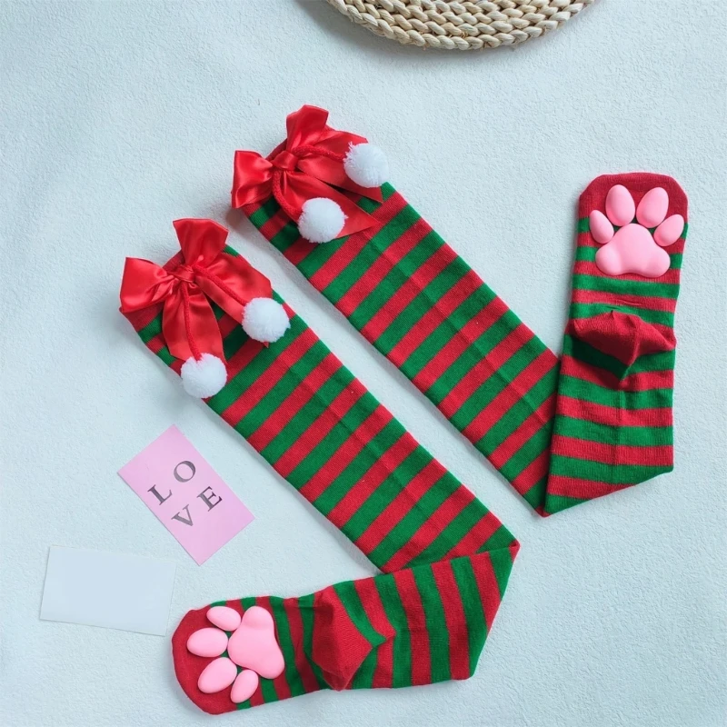 

Christmas Striped Over Knee Socks Tights 3D Kitten Claw Thigh High Stockings