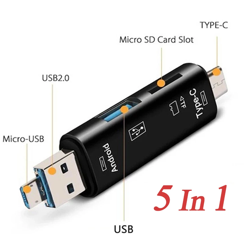 

5 в 1, многофункциональный Usb Type C/Usb /Micro Usb/Tf/SD кардридер памяти