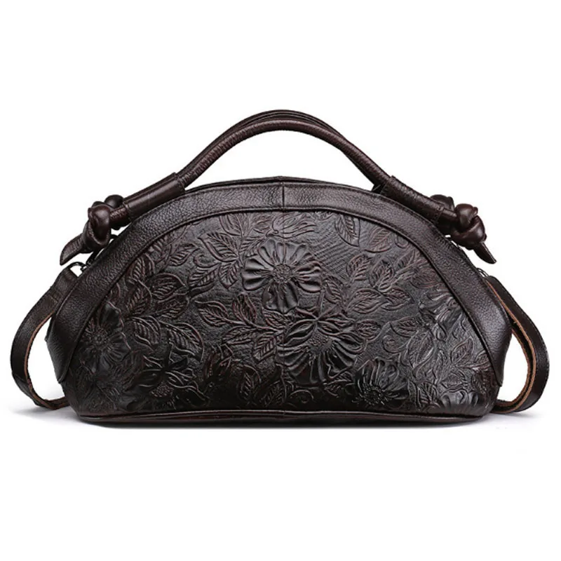 

Vintage Genuine Embossed Leather Handbag Rose Pattern Tote Bag Women Oil Wax Cowhide Shoulder Crossbody Messenger Bags New