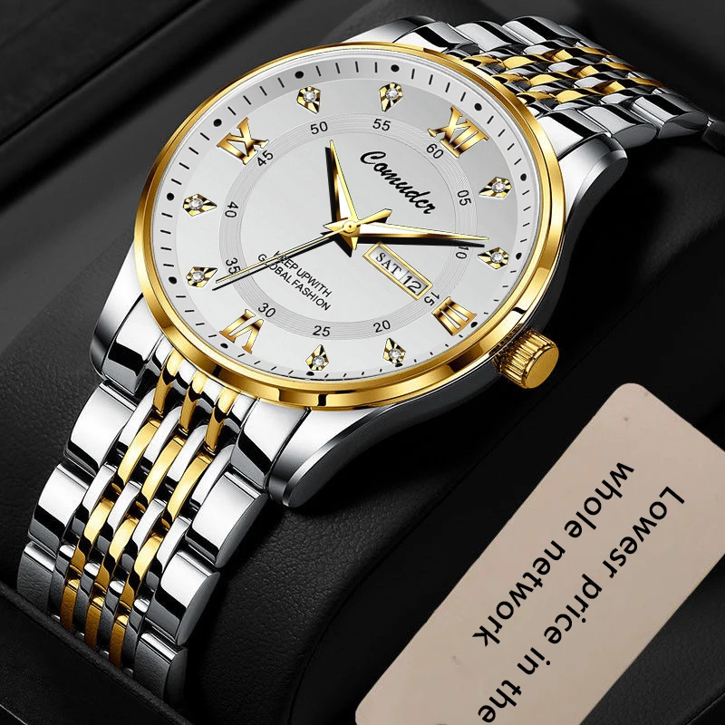 

Men Quartz Watch Stainless Steel Top Quailty Luxury Push Button Hidden Clasp Waterproof Luminous Date Week Sport Wrist Watches