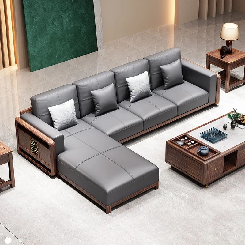 

New Chinese style ebony leather solid wood sofa modern simple size light luxury villa living room furniture