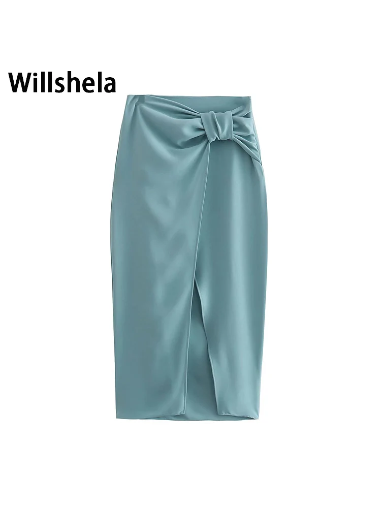 

Willshela женские модные однотонные Юбки миди с узлом спереди и разрезом винтажные женские юбки с высокой талией