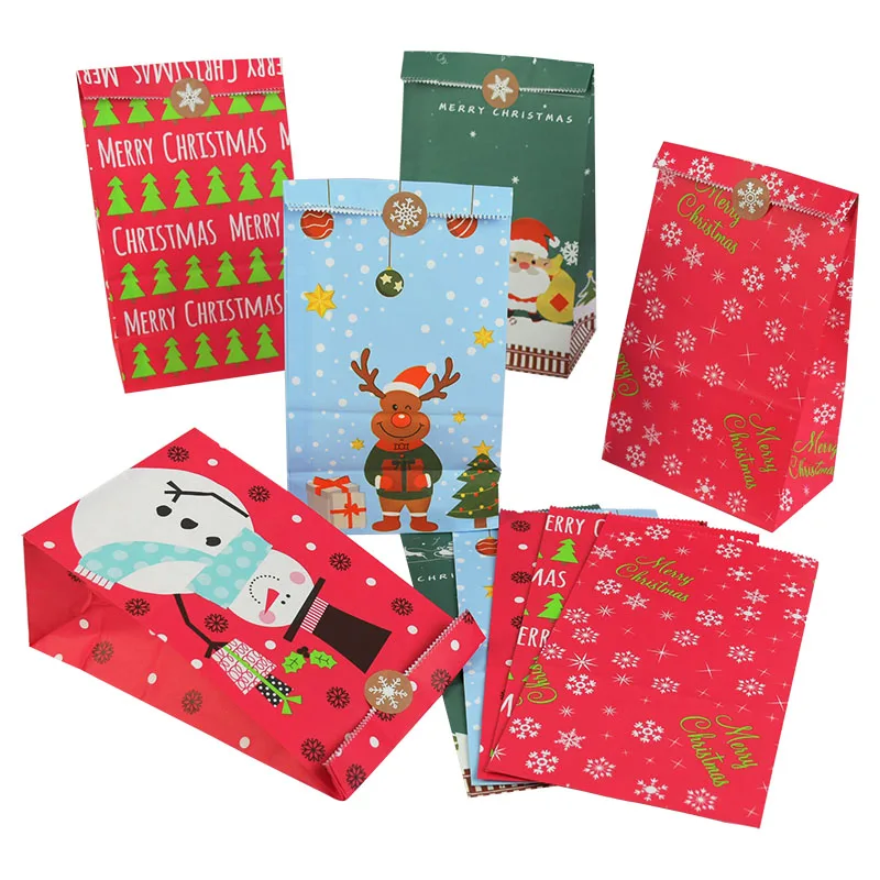 

10Pcs Merry Christmas Paper Gift Bag Cartoon Santa Claus Snowman Deer Printed Bag Candy Chocolate Cookies Packaging Supplies