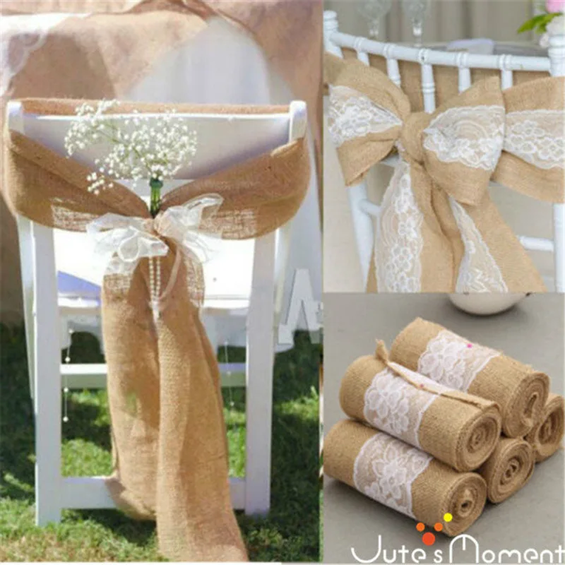

15cm x 275cm Jute Burlap Lace Chair Sashes Linen Chair Knot Tie Bow for Vintage Wedding Mexican Engagement Anniversary Decor