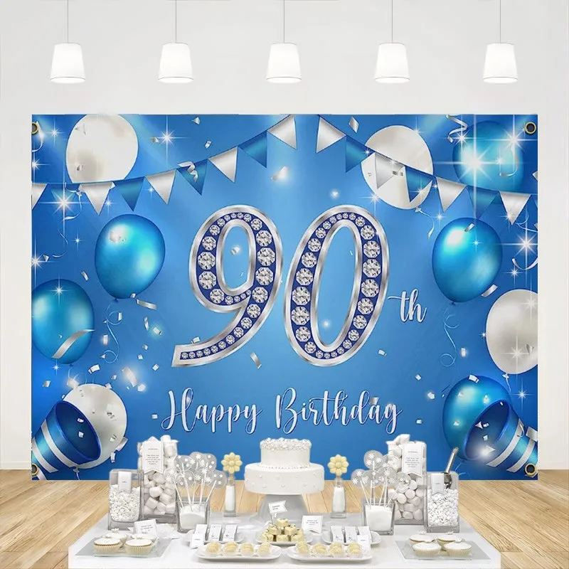 

Happy 90th Birthday Blue White Balloon Backdrop Decor Cheers to 90 Years Old Party Banner Photo Background Decorations Women Men