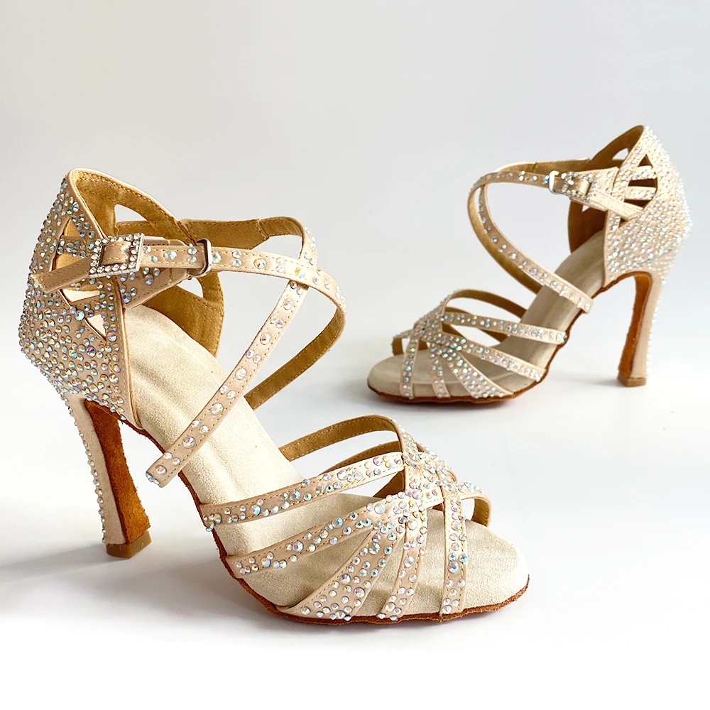 Rhinestone High Heels Latin Dance Shoes For Woman Lace Up Ballroom Latin Dance Shoes For Girls High Heel Salsa Dancing Shoes