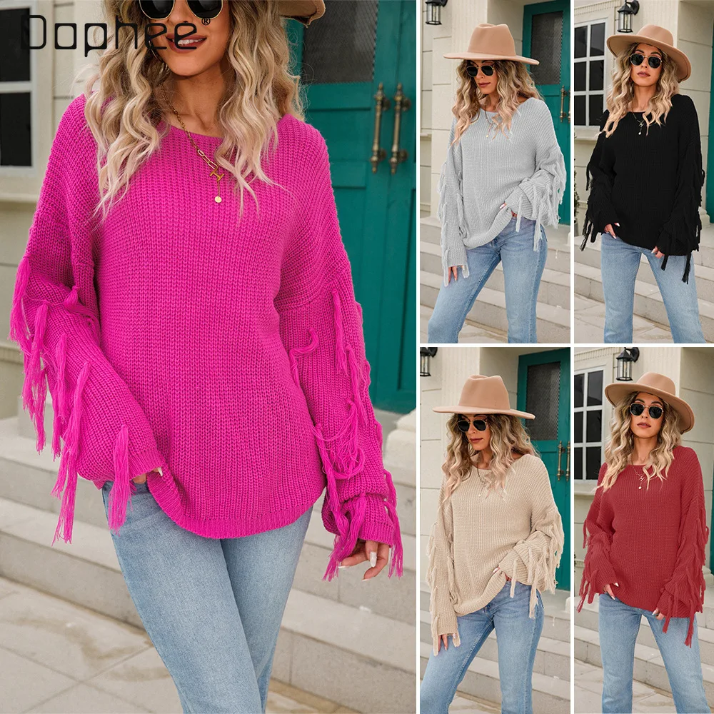 

Oversized Tassel Pullover Sweater Women 2022 Autumn Winter New Fashion Loose Women's Solid Color O-Neck Knitwear Clothes Female