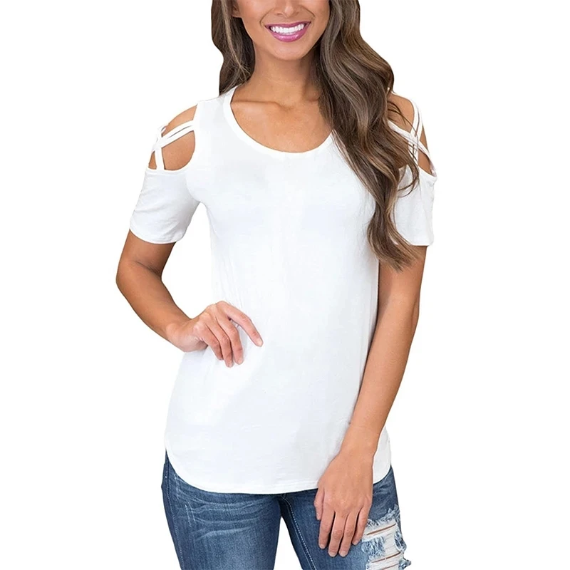 

Ladies Black Short Sleeve T-Shirt Casual Off Shoulder Tops Women's Simple Basic Tops