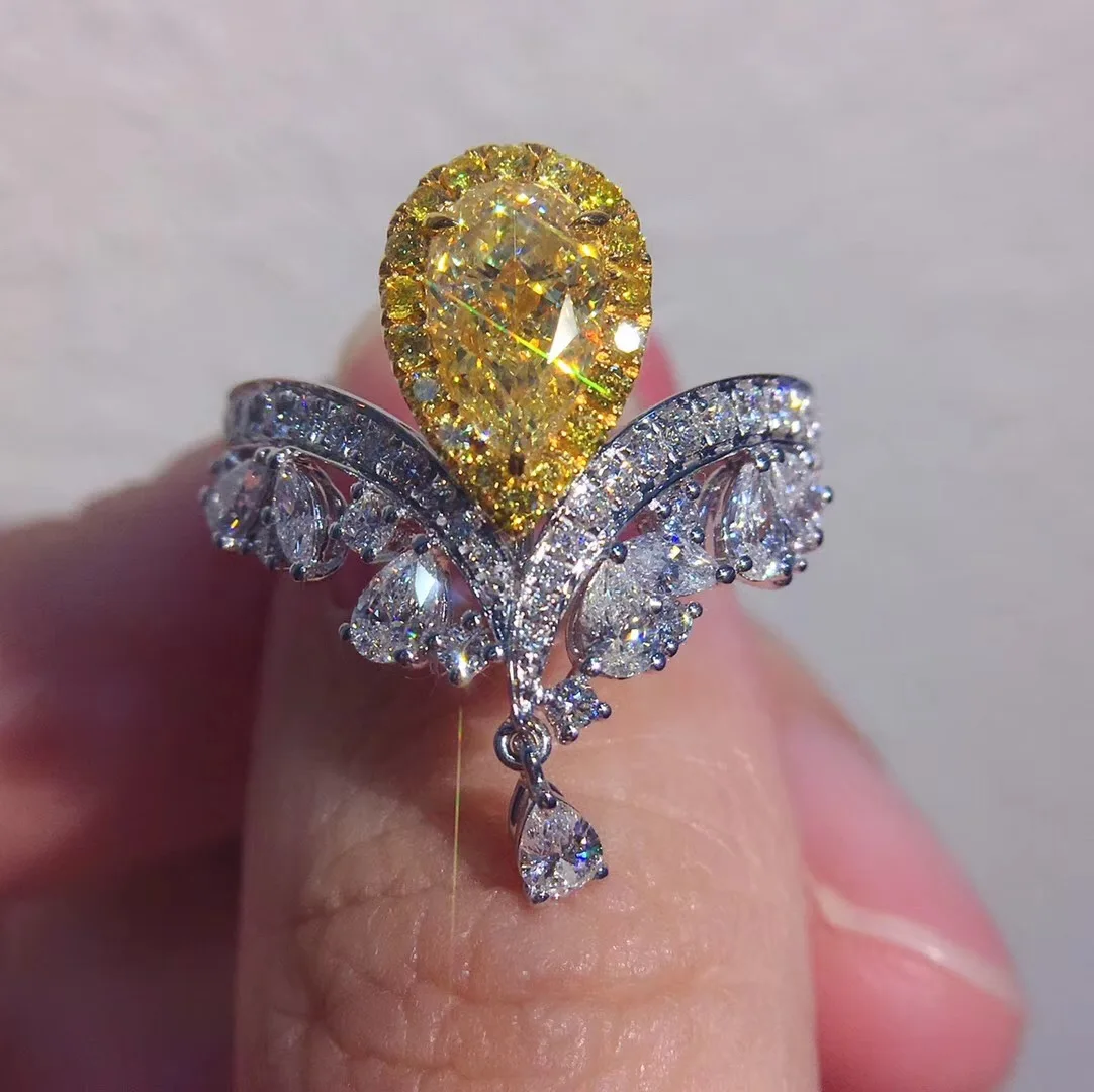 

Luxury Elegant Crown Yellow Lab Diamond Water Drop Women's Rings Silver Color Princess Adjustable Size Finger Ring Brand Jewelry