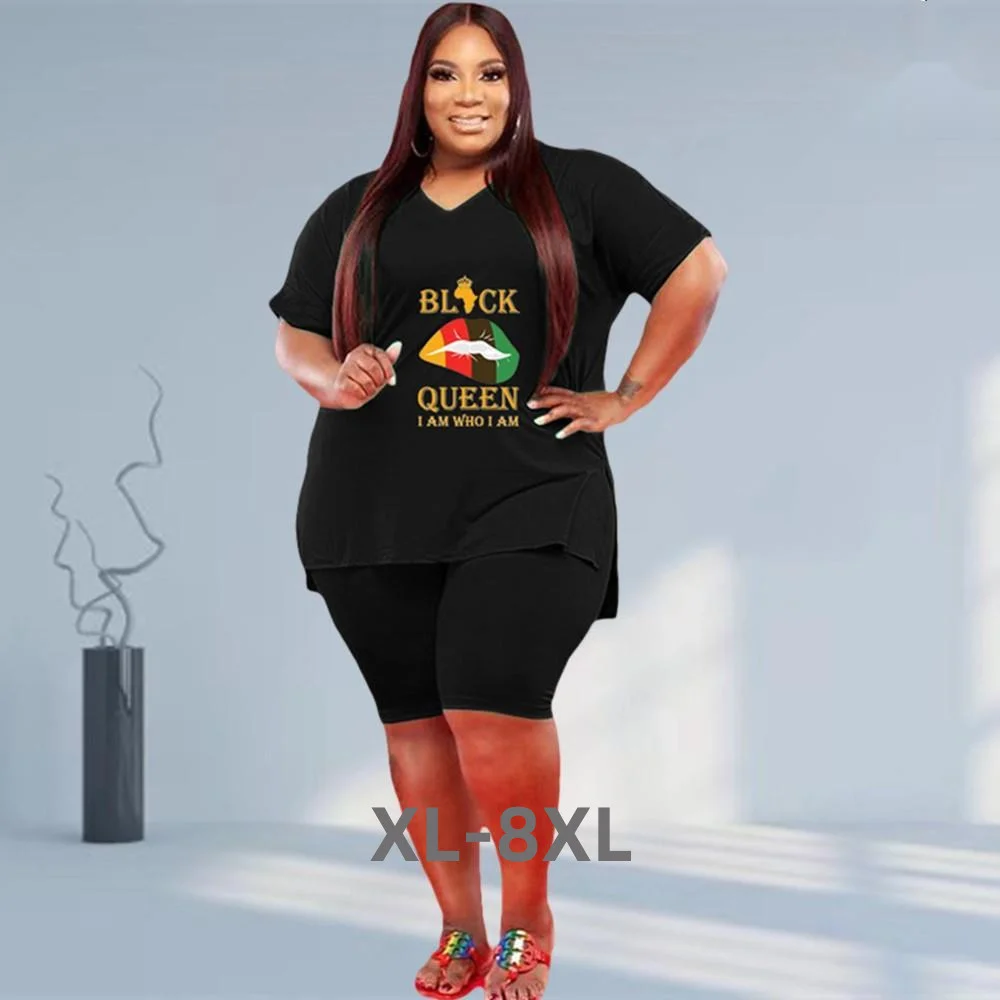 Plus Size 2 Piece Set Women Fashion Lip Print Short Sleeve Cop Top Pants Shorts Sets Jogging Tracksuit Wholes 3xl 4xl 5xl 6xl
