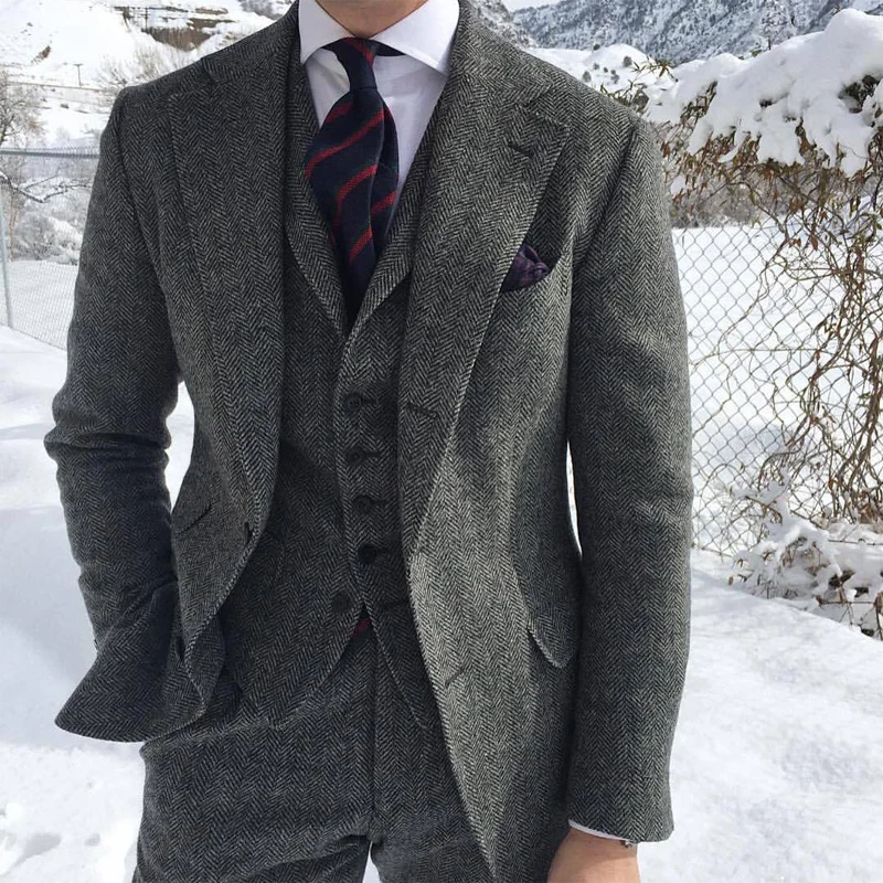 Men's 3-Piece Herringbone Winter Wool Thermal Blazer + Vest + Pants Casual Suit