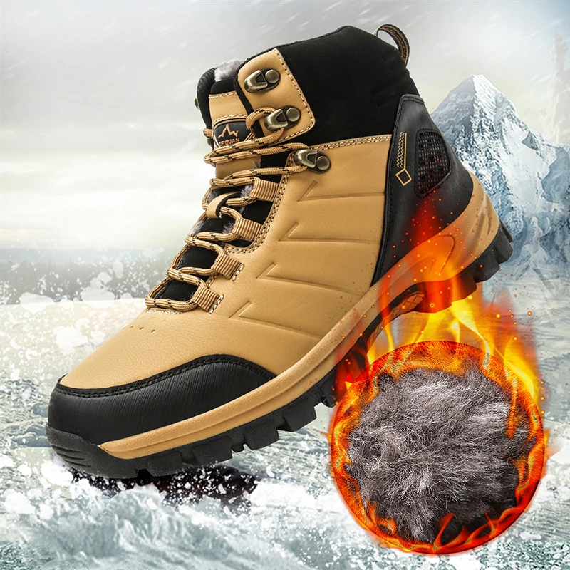 

Brand Men Winter Snow Boots Waterproof Leather Sneakers Super Warm Men's Boots Outdoor Male Hiking Boots Work Shoes Size 39-46