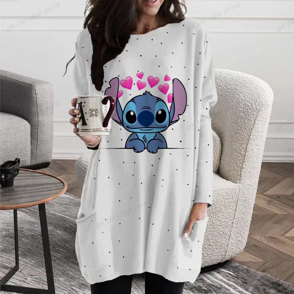 

Disney Stitch Print Long T shirts Autumn Women Loose Pocket Femme Tops Cartoon Tshirt Long sleeve Ladies t-shirt