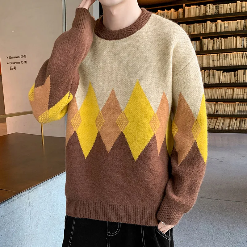 

Men Harajuku Oversized Sweater 2022 Autumn New Men Round Neck Spliced Color Pullover Male Loose Couples Hip Hop Knitted Sweater