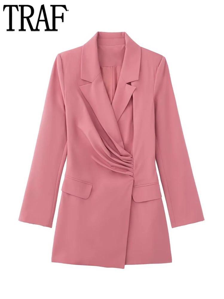 

TRAF Pink Blazer Dress Women Ruched Short Dress Women Autumn Office Dresses for Women 2022 Streetwear Long Sleeve Female Dress