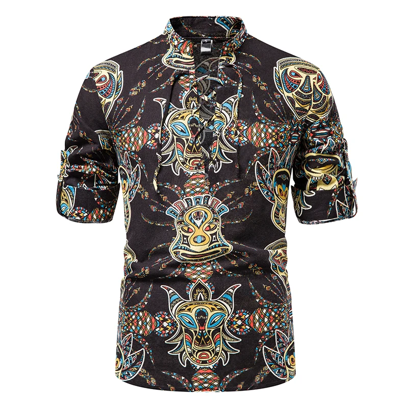 

Стильная новая мужская Этническая рубашка с принтом, осенняя футболка из 100% хлопка с длинным рукавом, свободная повседневная африканская т...