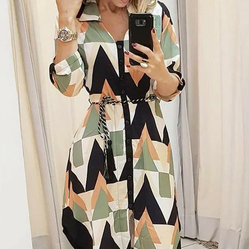 

Women Boho Fashion Long Sleeve Shirt Dresses 2021 Wave Printed Asymmetrical Dress Autumn Summer Holiday Beach Sundress Clothing