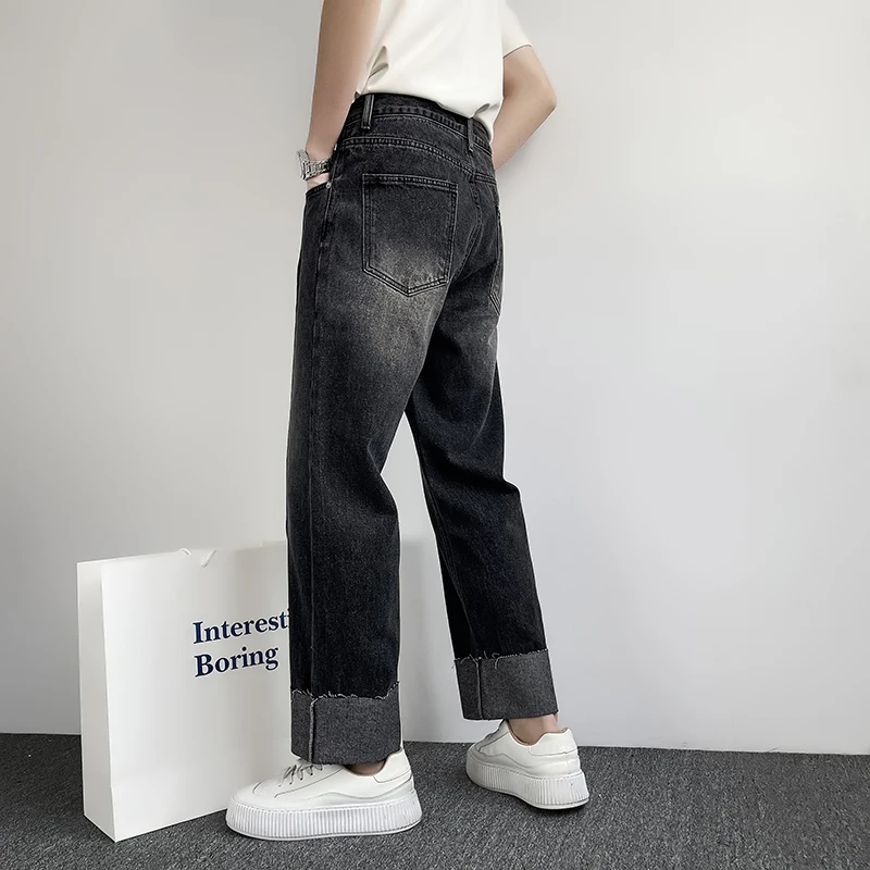 EOENKKY/large flanging Men's Jeans Pants Casual Vintage Baggy Clothing Straight Leg Trousers Korean Fashion Man Oversize Pants